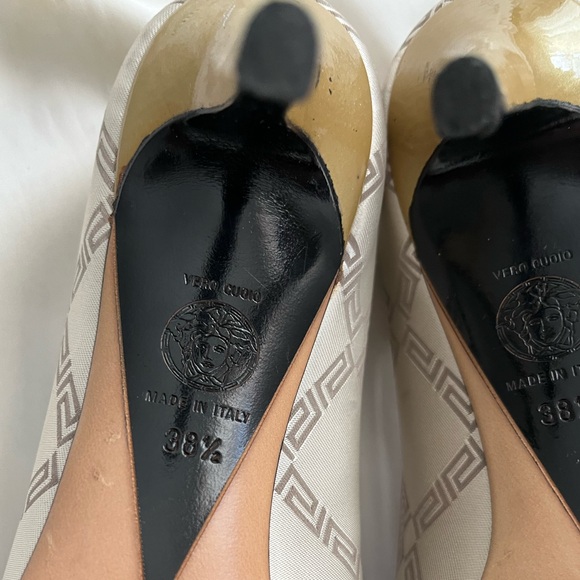 Versace Ivory/Light Grey Stiletto Heels with Versace Greek Logo Jacquard Fabric - Picture 14 of 16